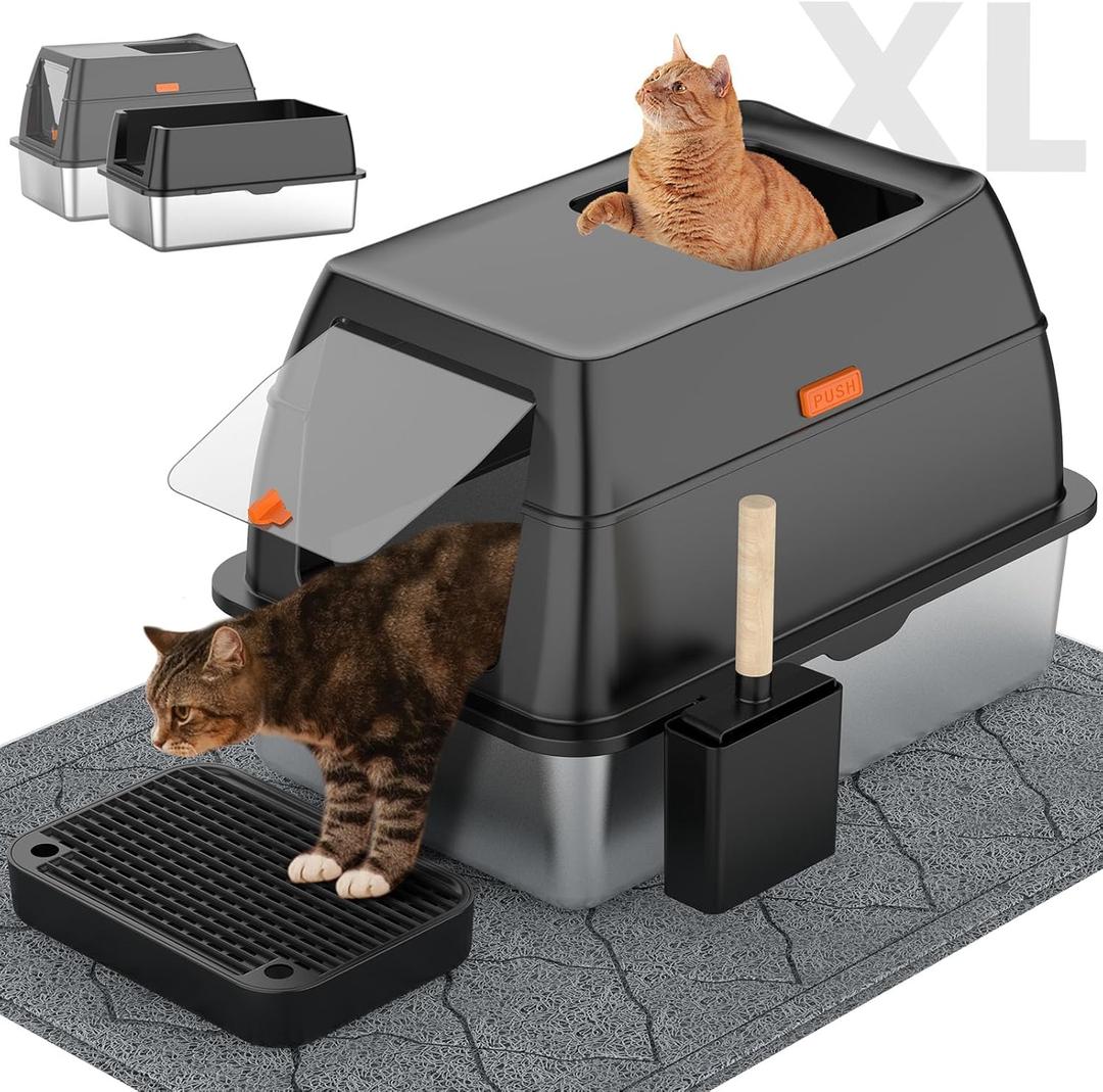 Stainless Steel Litter Box with Lid,Front Entry Top Exit Kitty Litter Box,Extra Large Enclosed Metal Cat Box with Litter Scoop & Litter Mat-Black