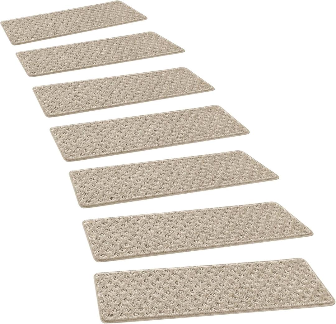 PURE ERA Carpet Stair Treads Tape Free Non Slip Indoor Stair Carpet Stair Protectors Pet-Friendly Non-Slip Skid Resistant Washable Reusable 8" x 30"(14 Pieces,Cream Gray Mini-Diamond Trellis)