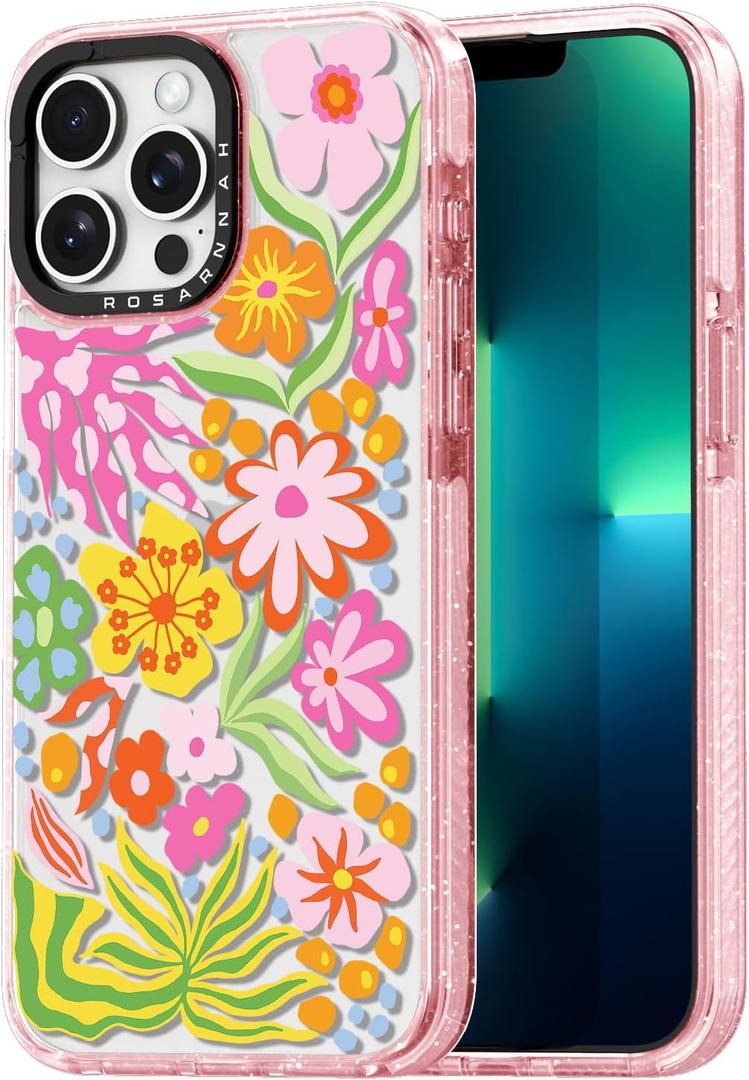 For iPhone 13 Pro MaxCase Cute - Durable Shockproof 6.6 ft Drop Impact Phone Case - Funny Passion Flower Design (6.7") Glitter Pink