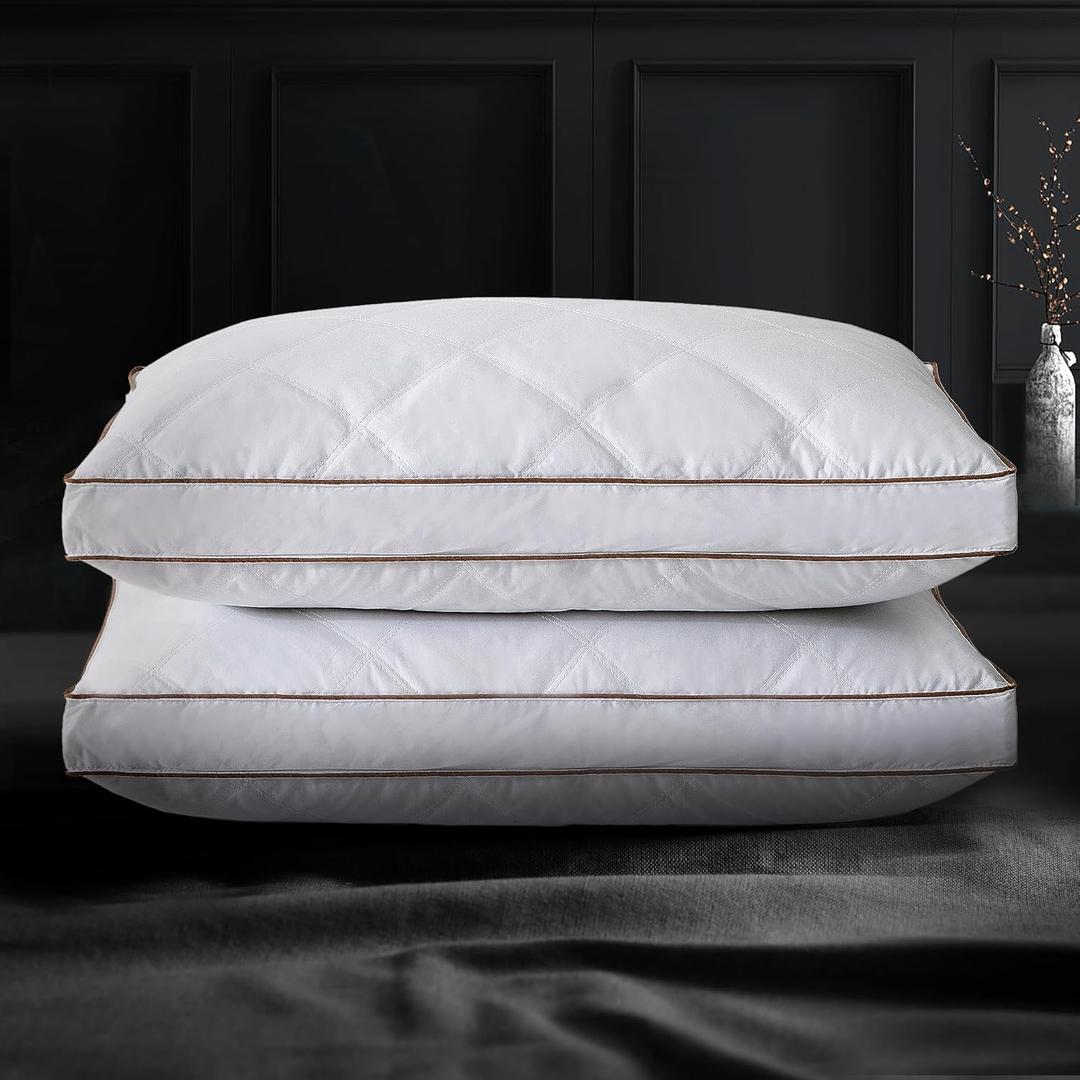 UNIKOME Goose Feathers and Down Pillow, Hotel Collection Gusseted Bed Pillows for Sleeping, 100% Cotton Pillow Cover, Standard Size, Set of 2 (Standard (Pack of 2), B-gusseted)