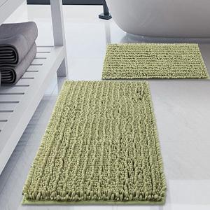 Luxury Chenille Light Sage Green Bathroom Rugs Sets 2 Piece, Thickened Hot Melt Rubber Bottom Bath Mats for Bathroom Non Slip,Bath Rugs Quick Dry Machine Washable for Shower Mat (32"x20"+17"x24")