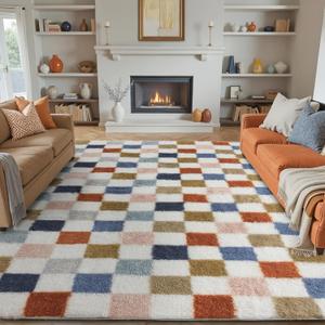 Checkered Rug 8x10 for Living Room, Modern Rainbow Shag Rug Washable Non-Slip Large Area Rug Super Soft Indoor Fuzzy Carpet Fluffy Rugs for Bedroom Home Aesthetic Decor (8' x 10' (Rectangular))
