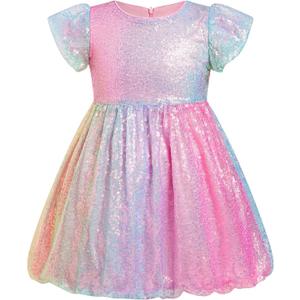 IBTOM CASTLE Toddler Baby Girl Sequin Dress Ruffle Sleeve Gradient Rainbow Sparkle Birthday Dress Summer Fancy Party Dress (5-6 Years, Pink)