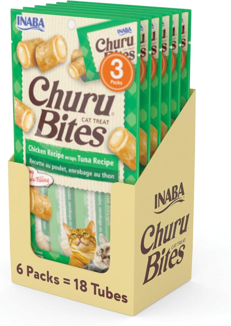 INABA Churu Bites for Cats, Soft/Chewy Baked Chicken Wrapped Churu Filled Cat Treats with Vitamin E, 0.35 Ounces per Tube, 18 Tubes Total (3 Tubes per Pack), Tuna Recipe BB Date: 11/06/2025 INABA Churu Bites for Cats, Soft/Chewy Baked Chicken Wrapped Churu Filled Cat Treats with Vitamin E, 0.35 Ounces per Tube, 18 Tubes Total (3 Tubes per Pack), Tuna Recipe BB Date: 11/06/2025