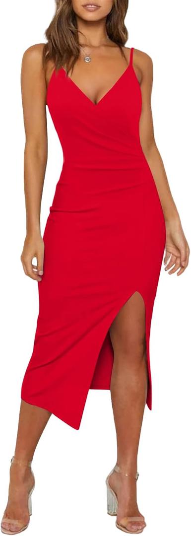 WAYMAKER Red Dresses for Women Sleeveless V Neck Wrap Ruched Slit Midi Bodycon Cocktail Party Semi Formal Wedding Guest Evening Dress, Red, Small