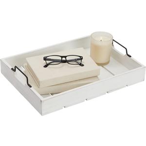 Farmlyn Creek Rustic Wooden Serving Tray with Metal Handles for Coffee Table, Farmhouse Home Decor (White, 16.3 x 11.6 x 3.25 in) - Coffee Table Decor