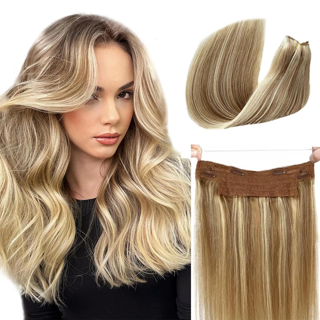 22inch 100g Human Hair Wire Extensions Ombre Golden Blonde with Medium Blonde Invisible Wire Hair Extensions Real Human Hair Invisible Silk Straight Blonde Highlighted Flip in Hair Extensions