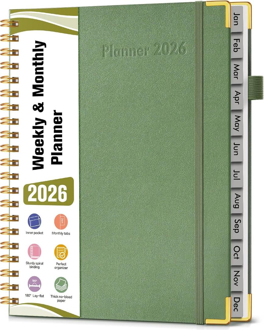 2026 Planner, Hardcover Leather Weekly and Monthly Planner, January 2026 - December 2026, Spiral Yearly Agenda Organizer Book 2026 with Tabs, Daily Calendar Planners for School Work Home, A4 (8.5" x 11"), Green