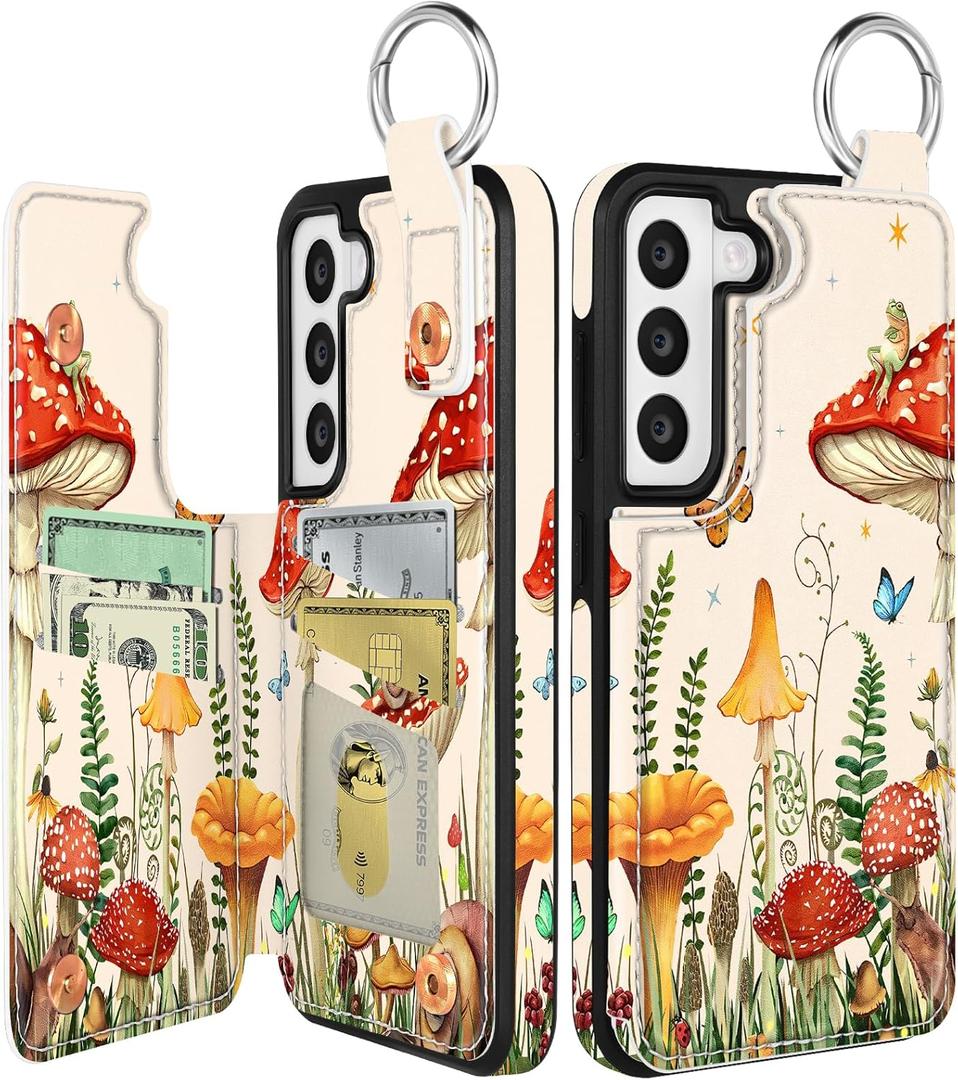 Shorogyt for Samsung S22 Plus Wallet Case with Card Holder - Cute Designer Mushroom Frog Pattern Kickstand Magnetic Clasp Back Flip Folio Leather Phone Cases for Women Men Girls for Galaxy S22 Plus