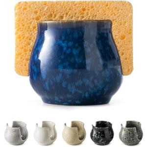 Zoeeker Ceramic Sponge Holder, Kitchen Sink Scrubby Caddy Organizer Dish Sponge Dish Rack for Scrubbers, Bathroom, Sink, Blue