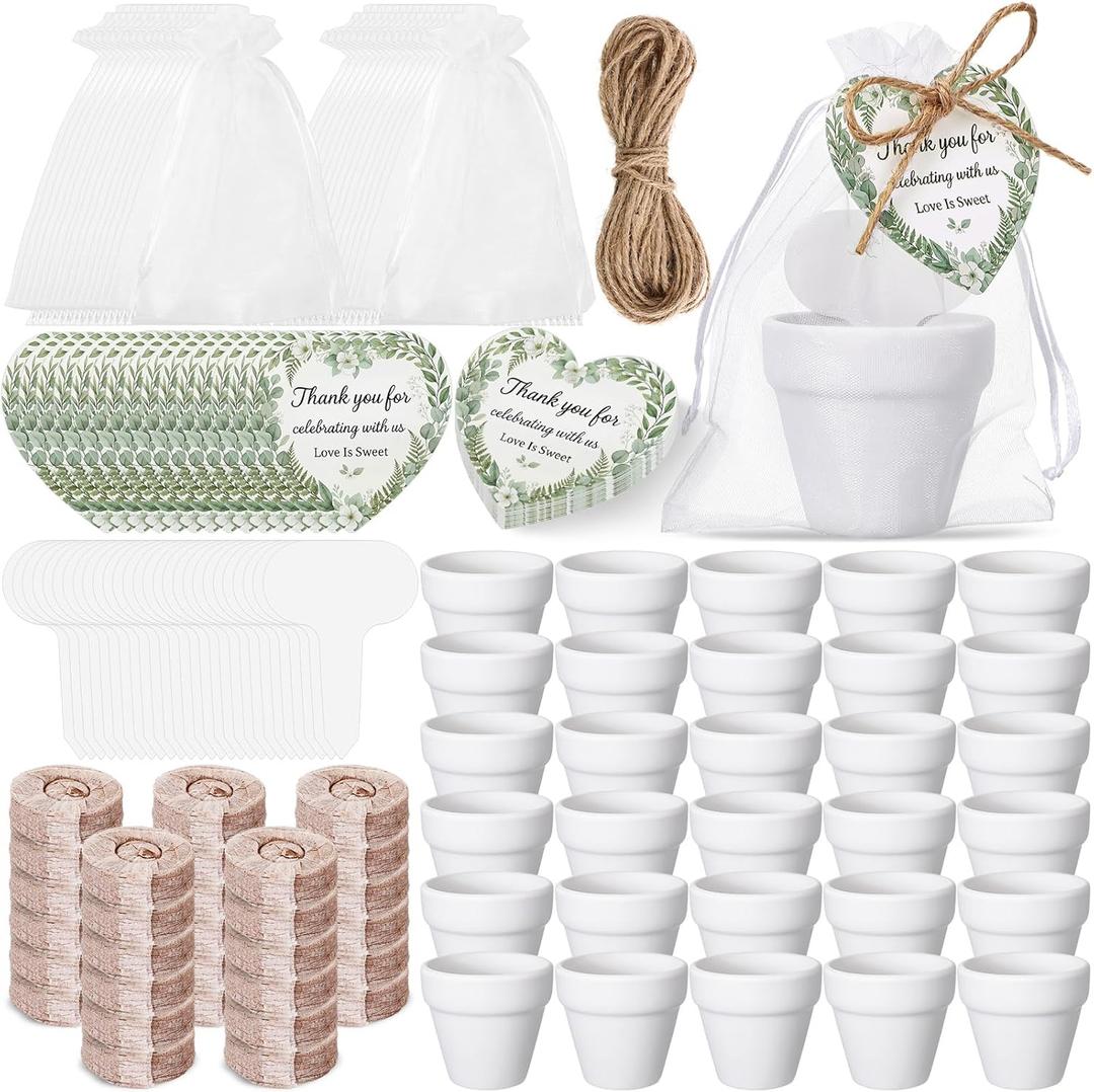 30 Sets Party Favors for Guests Terracotta Flowerpot Seedling Soil Blocks Plant Labels Thank You Cards and Organza Gift Bags for Thank Guest Bridal Shower Wedding Party Favors(Wedding Theme)
