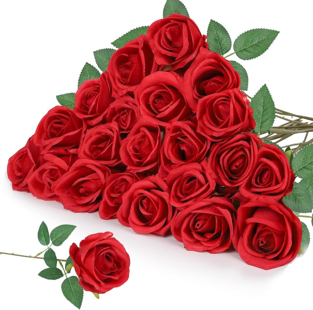 Atongham25pcs Elegant Rayon Red Rose Bouquet - Long-stemmed Red Roses for Weddings, Parties, Home Decoration, Photo Decoration, and High Vase Filling