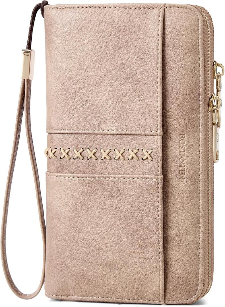 BOSTANTEN Wallets for Women Leather RFID Double Zipper Around Credit Card Holder Large Capacity Wristlet Clutch Wallet