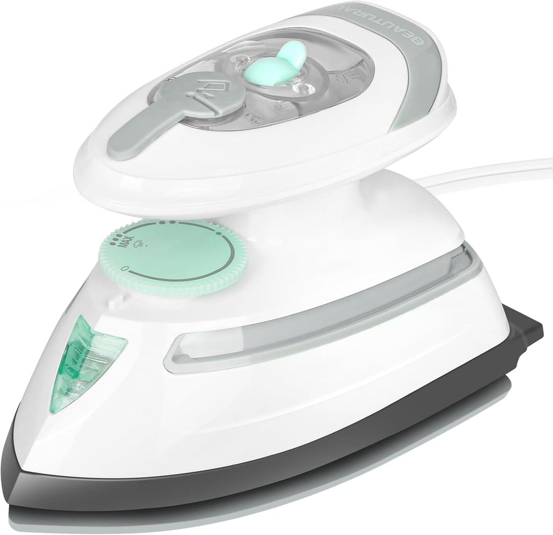 BEAUTURAL Mini Travel Steam Iron for Clothes with Dual Voltage, Temperature Control, Non-Stick Soleplate and Cord Storage, Ideal for Sewing, Quilting and Handcraft (White)
