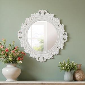 Vintage Wood Circle Wall Mirror 24 Inch, Distressed White