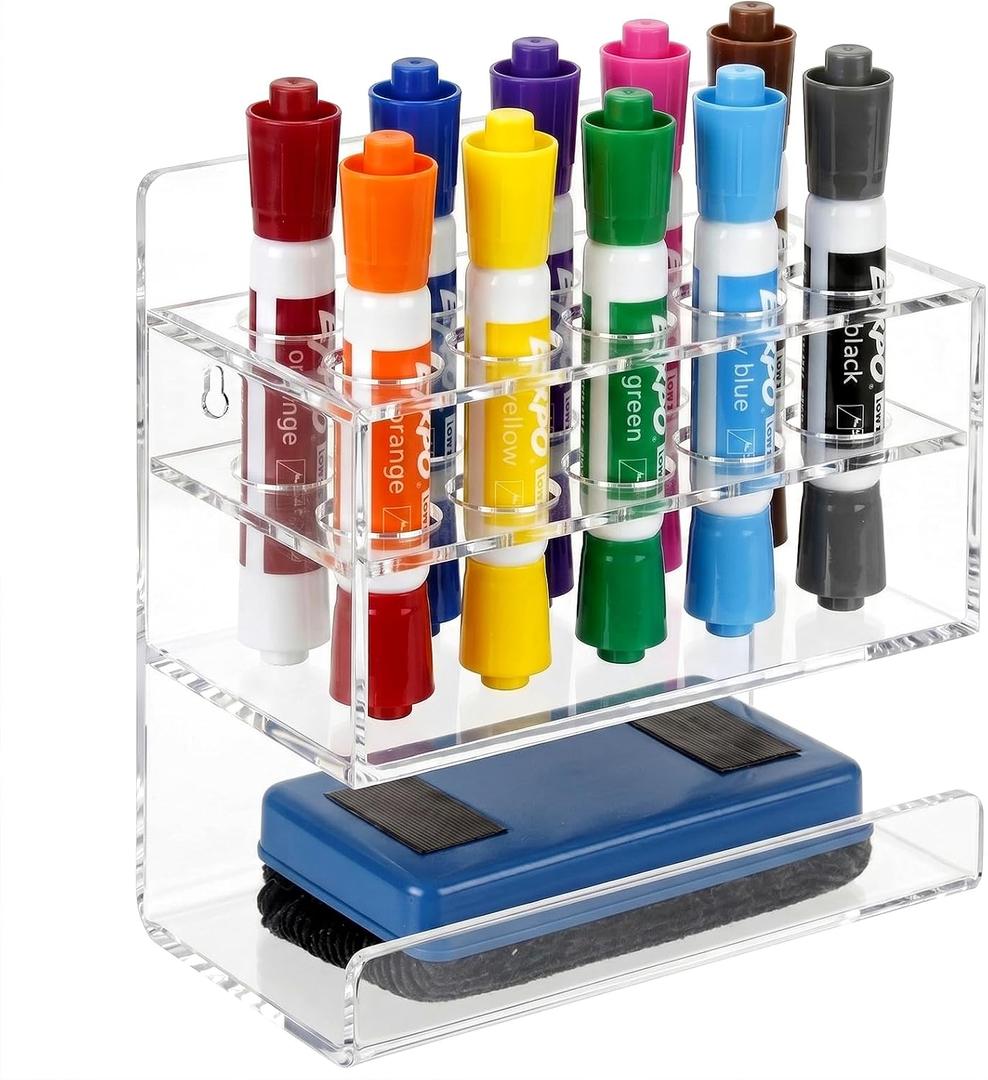 Clear Wall Mounted Marker Holder, Dry Erase Marker Holder | Sturdy Acrylic Material, Mounts To Wall, Marker Tip Slot Keeps Markers In Place | Holds 10 Markers & 1 Eraser (2.9x9.5x3.5in)