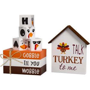 Thanksgiving Decorations Turkey Faux Books, 8 Pcs Fall Tiered Tray Decor Book Stack Wooden Signs, Farmhouse Rustic Wooden Decor for Home Kitchen Office