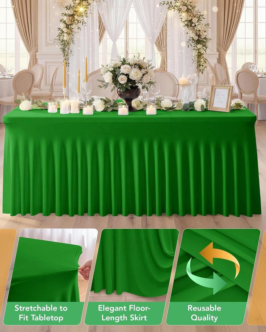 1 Pack Spandex Table Cover Skirt for 8ft Rectangle Tables, Green Stretch Table Cloth with Floor-Length Ruffle, Elastic Fitted Skirted Tablecloth for Elegant Wedding Banquet Party Buffet Decoration