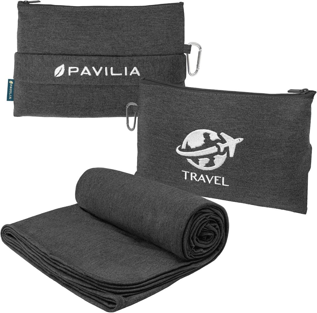 PAVILIA Travel Blanket Airplane Compact with Bag, Small Travel Pillow Blanket for Long Flights, Lightweight Plane Blanket with Luggage Strap, Camping Blanket for Traveler Essentials, Black, 65x40