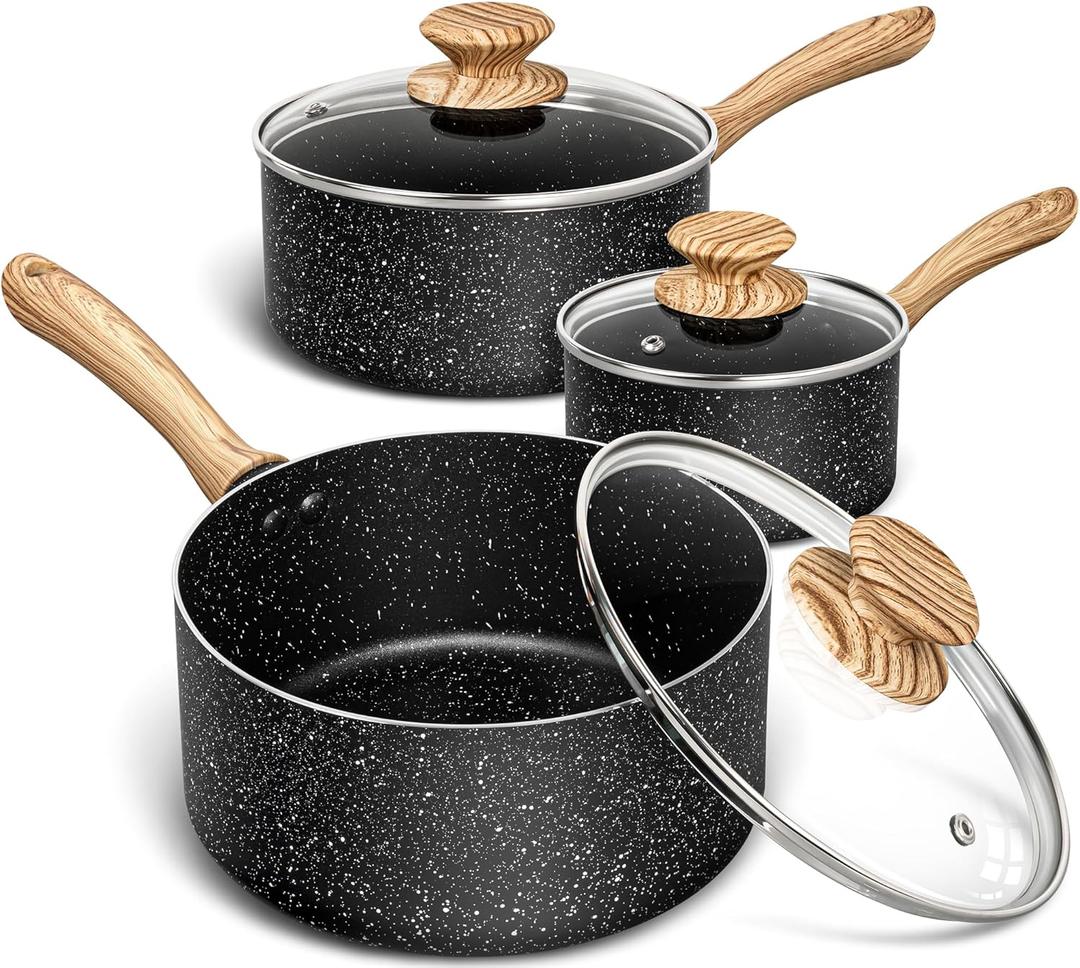 MICHELANGELO Saucepan Set, Nonstick Sauce Pans with Granite Coatings, Stone Sauce Pan with Lids, Non Stick Pot Sets, Sauce Pots 3 Piece, 1Qt, 2Qt & 3Qt (Black)