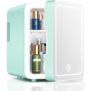 Skincare Fridge With Dimmable LED Light Mirror, 4L Mini Fridge For Desktop, Travel or Cool & Heat, Makeup Fridge for Cosmetics, Skin Care and Food, Green