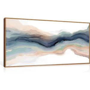 HLNIUC Navy Blue Abstract Framed Canvas Wall Art, Watercolor Wave Line Horizontal Wall Decor, Long Teal Orange Coastal Artwork(40"x20"), Large Neutral Modern Prints for Living Room, Bedroom, Office