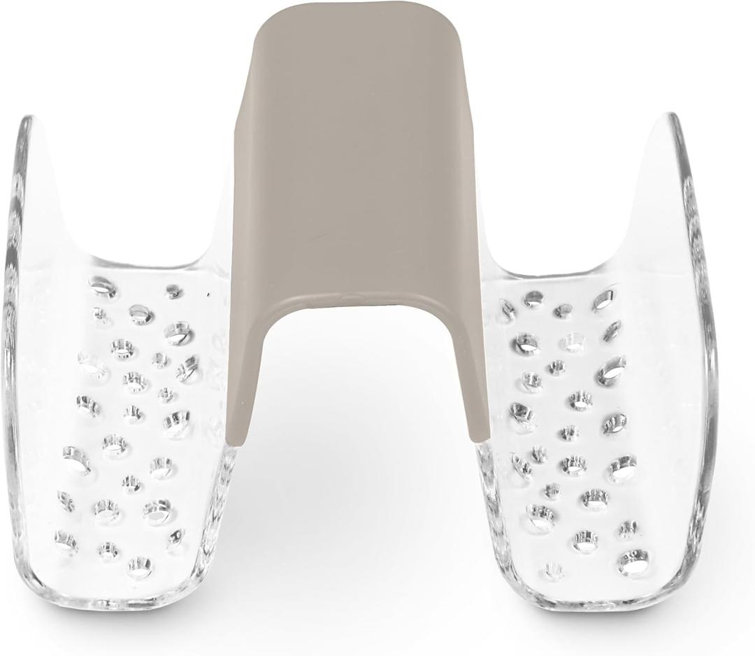 Spectrum Sink Saddle for Kitchen Sink Warm Gray Clear Sponge and Brush Holder Organizer, Dish Brush and Sponges Plastic Saddle Caddy for Double Sink Storage with Drain Holes for Quick Drying