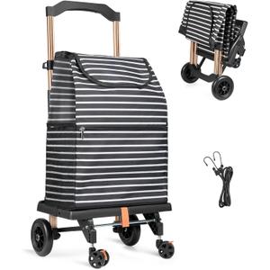 2-in-1 Shopping Cart for Groceries, Lightweight Aluminum Grocery Cart on Wheels and 50L Removable Waterproof Shopping Bag for Moving, Camping (Black)