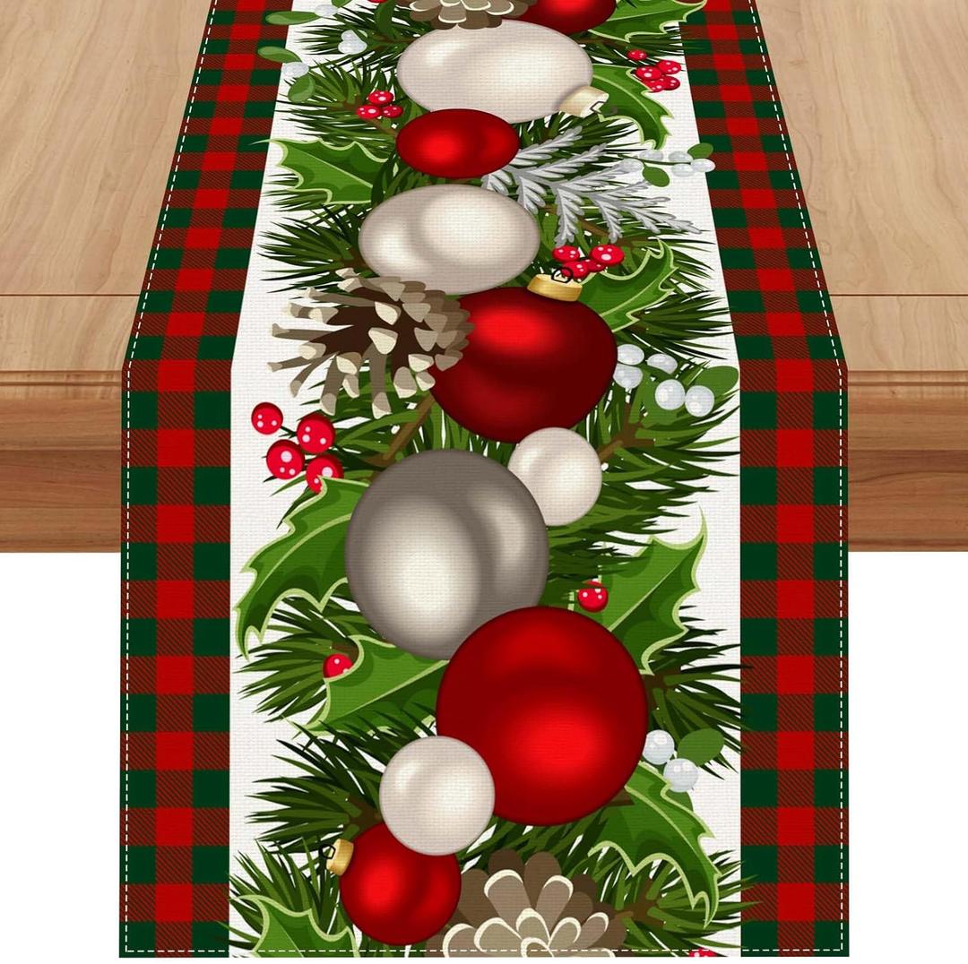 Jiudungs Linen Red and Green Buffalo Check Plaid Christmas Table Runner 120 Inches Long Farmhouse Winter Christmas Xmas Holiday Home Kitchen Table Decorations