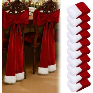 Thyle 10 Pcs Christmas Burgundy Red Velvet Chair Sashes 6 x 108 Inch Large Red Bows Chair Cover with White Fluff Decoration for Xmas Wedding Event Holiday Banquet Party