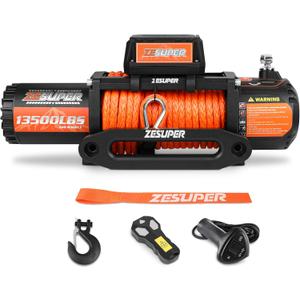 ZESUPER 13500 lb Electric Winch, Synthetic Rope 12V Winch Waterproof IP68 Winch Kit,Off Road Winch for Jeep,Truck,SUV, with Wireless Remote, Corded Control,Side-Mounted Bracket for Control Box