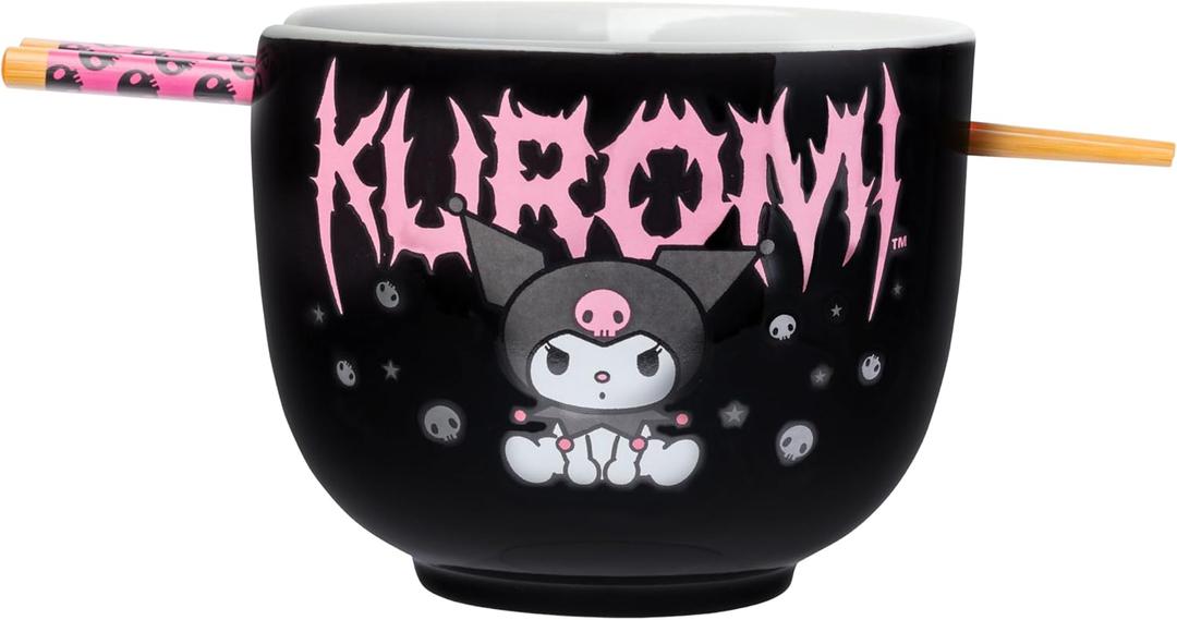 Silver Buffalo Sanrio Hello Kitty and Friends Kuromi Ceramic Ramen Noodle Rice Bowl with Chopsticks, Microwave Safe, 20 Ounces