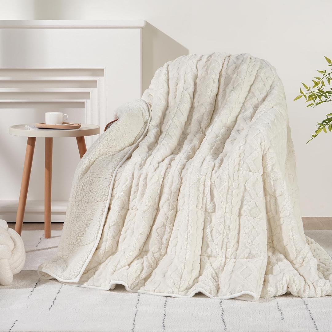 Wemore Weighted Blanket for Adults Twin Size 15 lbs, Dual Sided Soft Fuzzy Jacquard Sherpa Weighted Blankets for Sleeping, Cozy Fluffy Knitted Heavy Blanket for Couch Bed, Cream White, 60 x 80 inches