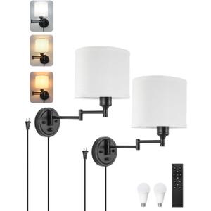 Plug in Wall Sconces with Remote Control, Dimming 10%-100% & Adjustable Colors 2700K-6500K, Hardwire or Plug-in, Swing Arm Wall Lamp with White Fabric Shade, Wall Sconces Set of Two, Black Finish