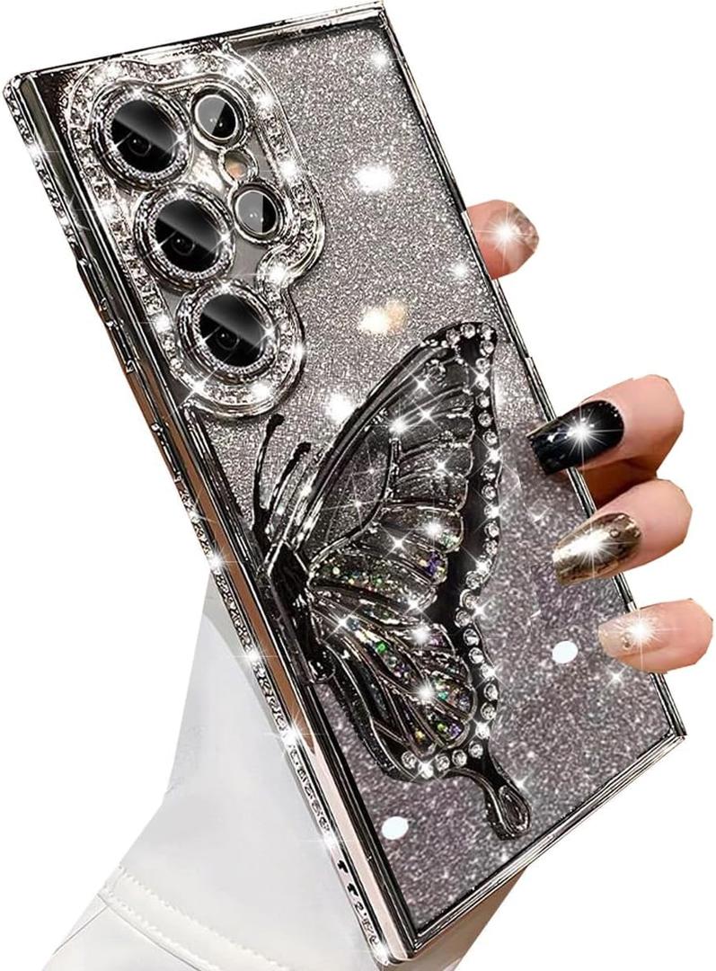 Changjia for Samsung Galaxy S26 Ultra Glitter 3D Butterfly Case,Cute Luxury Bling Sparkly Diamond Rhinestone Liquid Flowing Case with Camera Lens Protector Women Girl Cover for Galaxy S26 Ultra,Silver