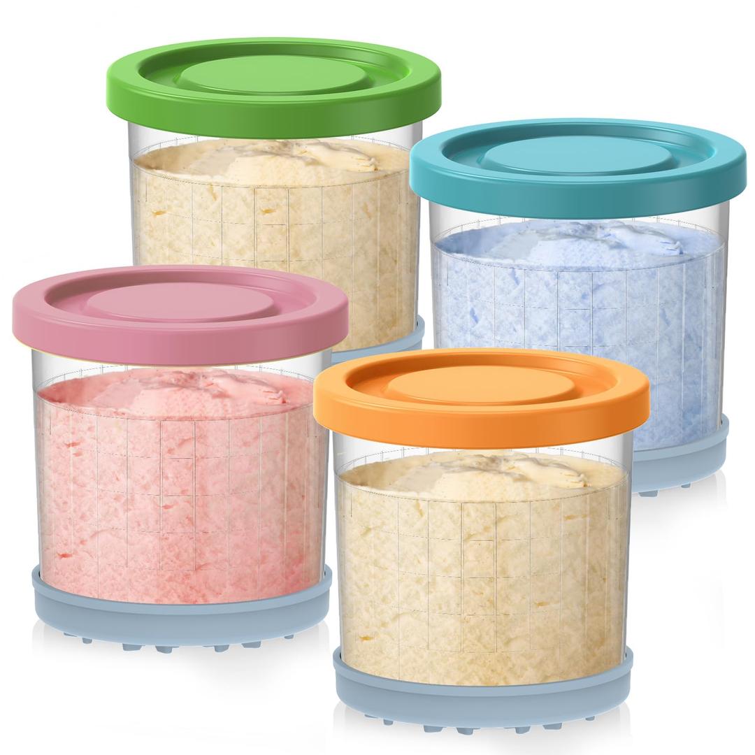 DENEBORE for Ninja Creami Pints and Lids - 4 Pack,16OZ Compatible with NC299AMZ & NC300s Series Ice Cream Makers, Extra Cups Replacement for Ninja Creamy Containers Airtight Anti-slip Dishwasher Safe