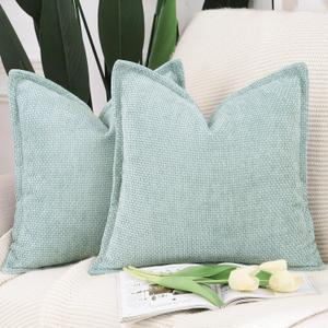 MADIZZ Chenille Velvet Throw Pillow Covers with Flange Set of 2 Super Soft Boho Textured Pillow Covers Decorative Throw Pillowcases Modern Farmhouse Home Decor for Sofa Bedroom Aqua Green 20x20 Inch
