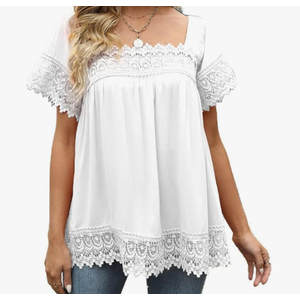 Women's Casual T-Shirt Short Sleeve Rectangular Neck Blouse with Lace Insert Long Shirt Elegant Plain Tunic Tops Shirt Summer White T-shirt, Medium 