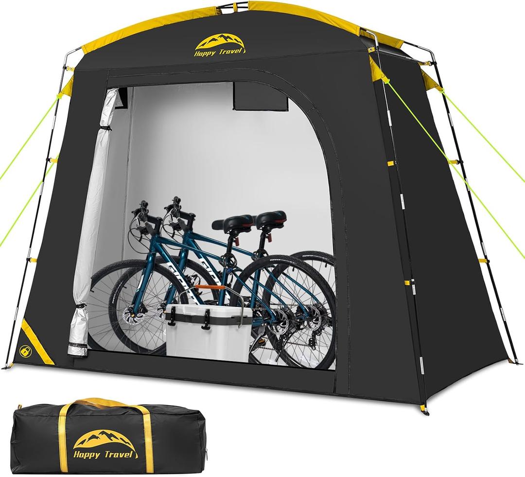 Happy Travel Bike Storage Shed Tent, Waterproof Portable Bike Cover with 40% More Top Space for 2/3/4/5 Bikes,Clips Easy Setup Sheds Shelter with Lockable Bicycle Design for Garden Tools, Lawn Mower