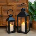 JHY DESIGN Set of 2 Black Decorative Lanterns 17.5inch &13.5inch Metal Candle Lanterns for Indoor Outdoor Events Paritie and Weddings Vintage Style Hanging Lantern