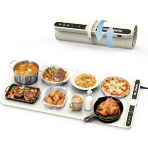 Food Warming Mat Extra Large, Rapid Heating Electric Warming Tray with 9 Temp Setting and 6 Hours Timer,Foldable Warming Trays for Food, Portable Food Warmers for Parties Buffet, Beige (32x15 Inch)