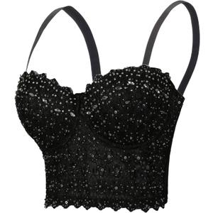Women's Lace Rhinestone Bustier corset Wedding Party Crop Top Bra Vest (Black, S)