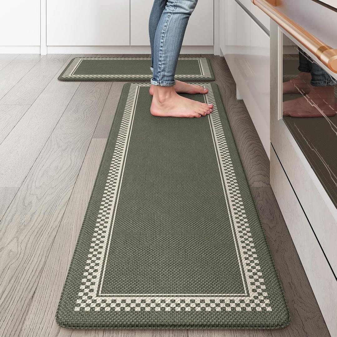 Kitchen Floor Mats Cushioned Anti Fatigue,Waterproof Kitchen Mats for Floor 2 Piece,Memory Foam Kitchen Mat,Comfort Kitchen Sink Rug for Bathroom Laundry Office,Green (17.3" x 59"+17.3" x 29")