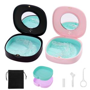 2 Pack Retainer Case with Vent Holes, stocking stuffers for gift women men ,Compatible with Invisalign,Night Guards,and Mouth Guards Case - Includes Storage Bag,Slim Aligner Remover Tool Black Pink