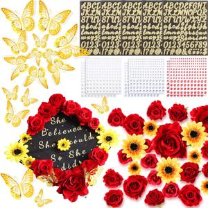 Hoteam DIY Graduation Cap Decorations Kit Included Faux Flowers 3D Butterfly Self Adhesive Rhinestones Glitter Alphabet Letter Stickers for 2026 Grad Cap Topper Party Gifts Decor(Red Yellow)