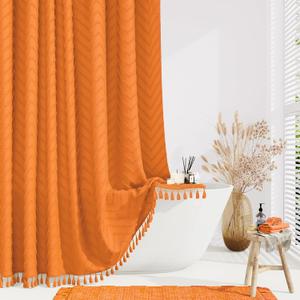 Dynamene 78 Inches Long Shower Curtain, Boho Tufted Chevron Striped Tall Cloth Shower Curtains for Bathroom Decor, Large Hotel Spa Luxury Shower Curtain Set with Hooks, Wrinkle Free, Orange, 72x78