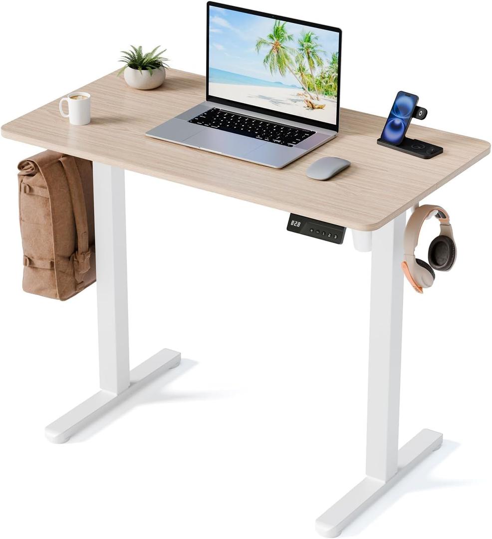 35" Electric Standing Desk, Small Sit Stand up Desk, Light Walnut, 35" x 20"