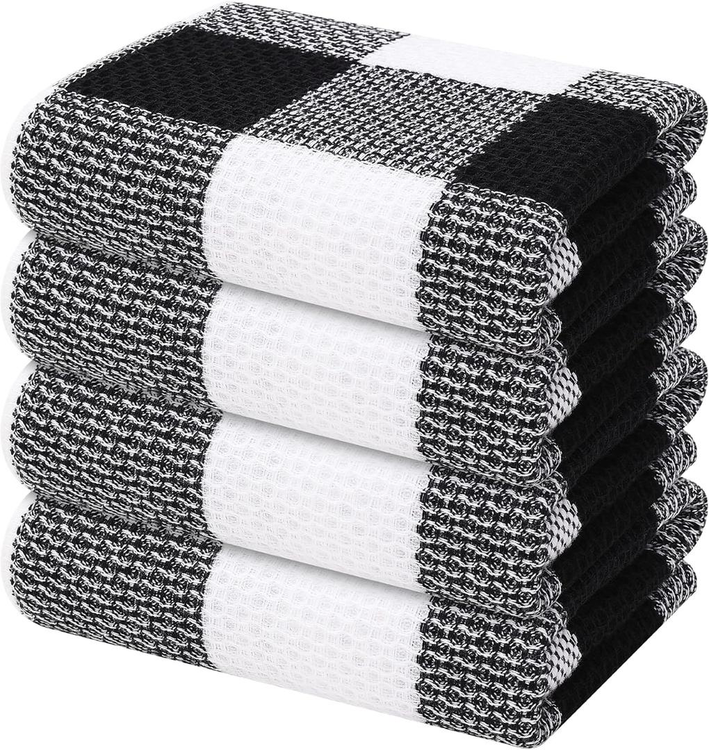 2 x Mordimy 100% Cotton Waffle Weave Kitchen Towels, 13 x 28 Inches, Super Soft and Absorbent Buffalo Check Dish Towels for Drying Dishes, 4-Pack, Black & White