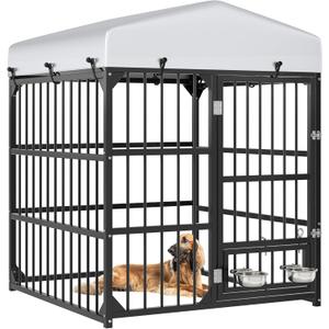 YITAHOME Outdoor Dog Enclosure with Rotating Feeder Bowls, 4'L x 4'W x 5'H Outside Dog Kennel with Roof, Heavy Duty Dog Cage for Small Medium Dogs