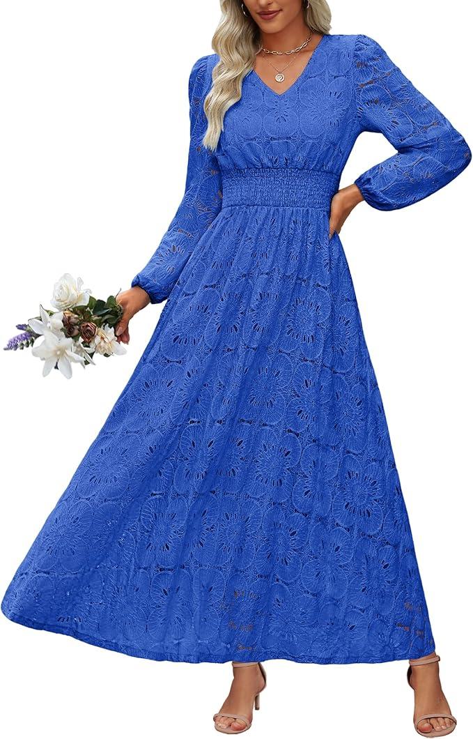 Women's Long Puff Sleeve Floral Maxi Dress V Neck Lace Eyelet Hollow Out A Line Flowy Boho Spring Wedding Guest Party Dresses, M